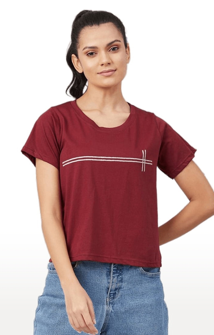 Women's Maroon Cotton Printed  Regular T-Shirt