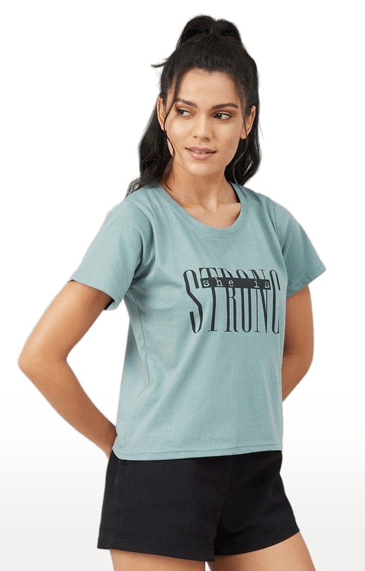 Women's Dusty Green Cotton Typographic  Regular T-Shirt
