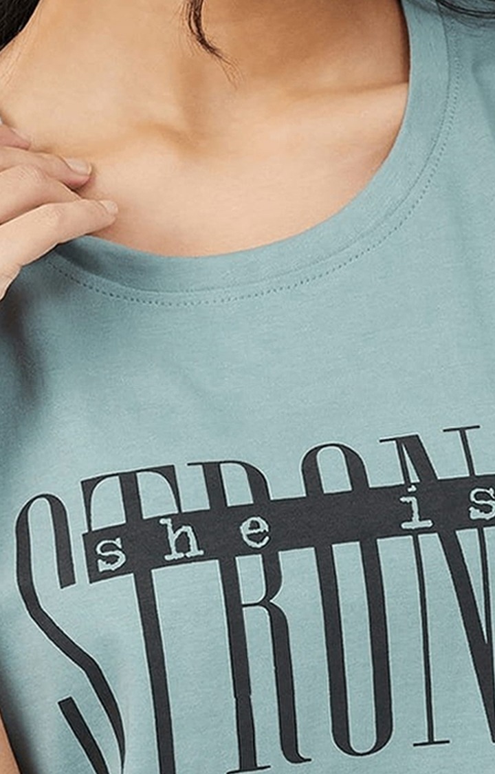Women's Dusty Green Cotton Typographic  Regular T-Shirt