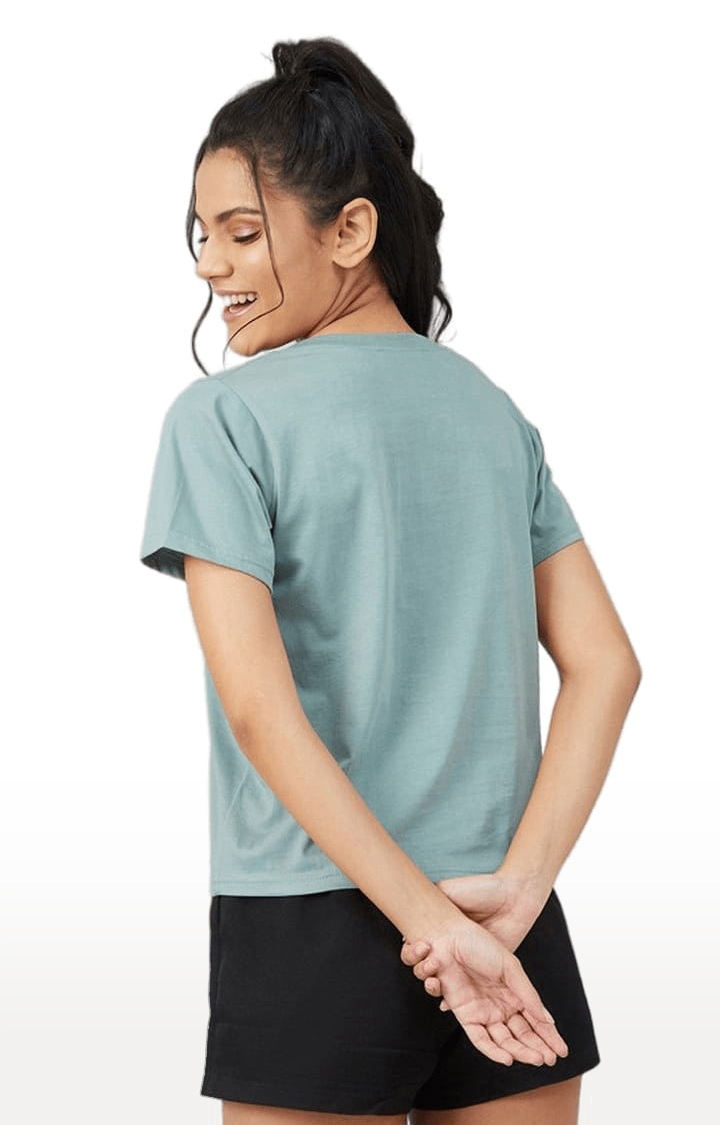Women's Dusty Green Cotton Typographic  Regular T-Shirt