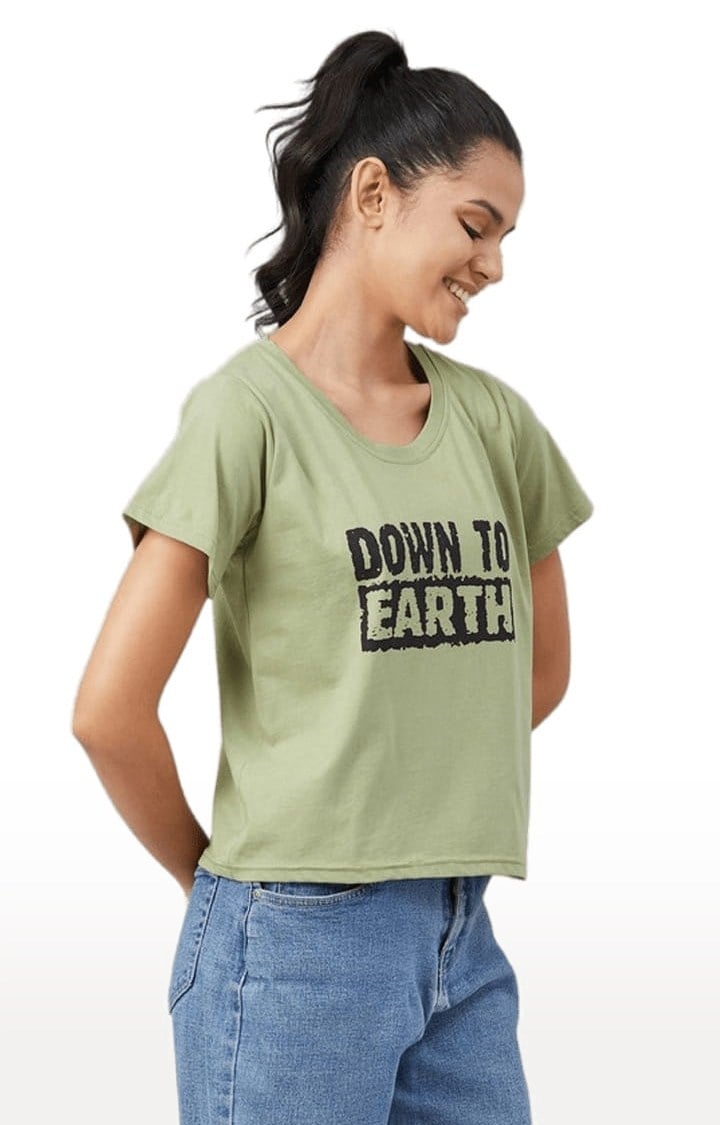 Women's Olive Green Cotton Typographic  Regular T-Shirt