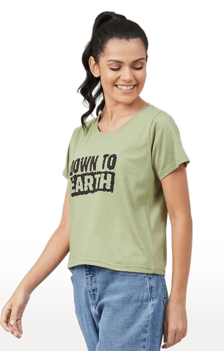 Women's Olive Green Cotton Typographic  Regular T-Shirt