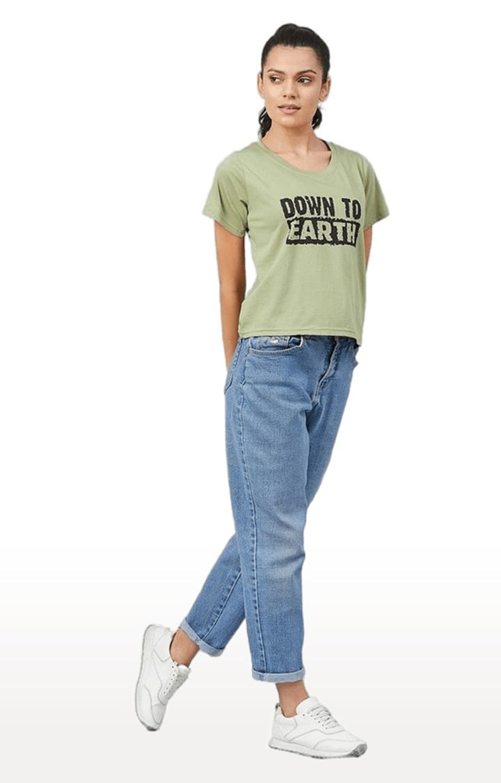 Women's Olive Green Cotton Typographic  Regular T-Shirt