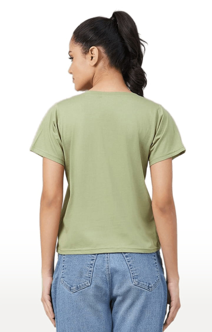 Women's Olive Green Cotton Typographic Regular T-Shirt