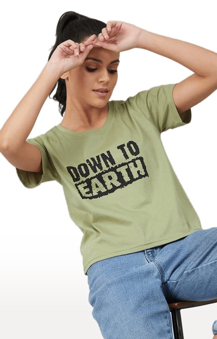 Women's Olive Green Cotton Typographic  Regular T-Shirt