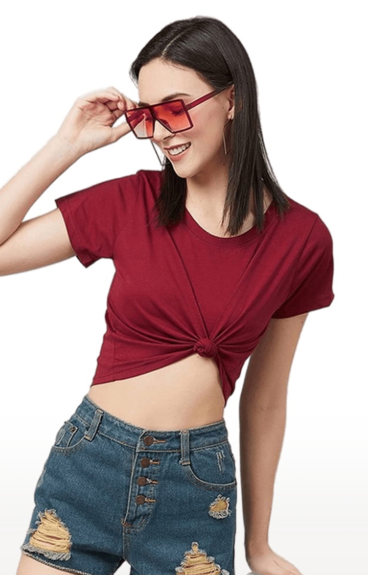 Women's Maroon Cotton Solid  Regular T-Shirt