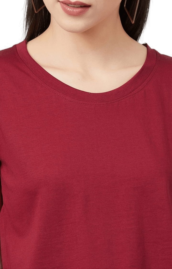 Women's Maroon Cotton Solid  Regular T-Shirt