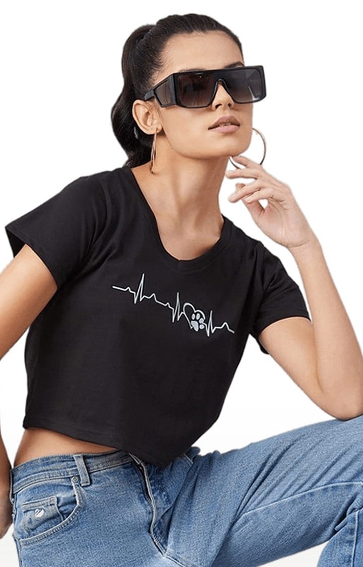 Women's Black Cotton Printed Crop Top