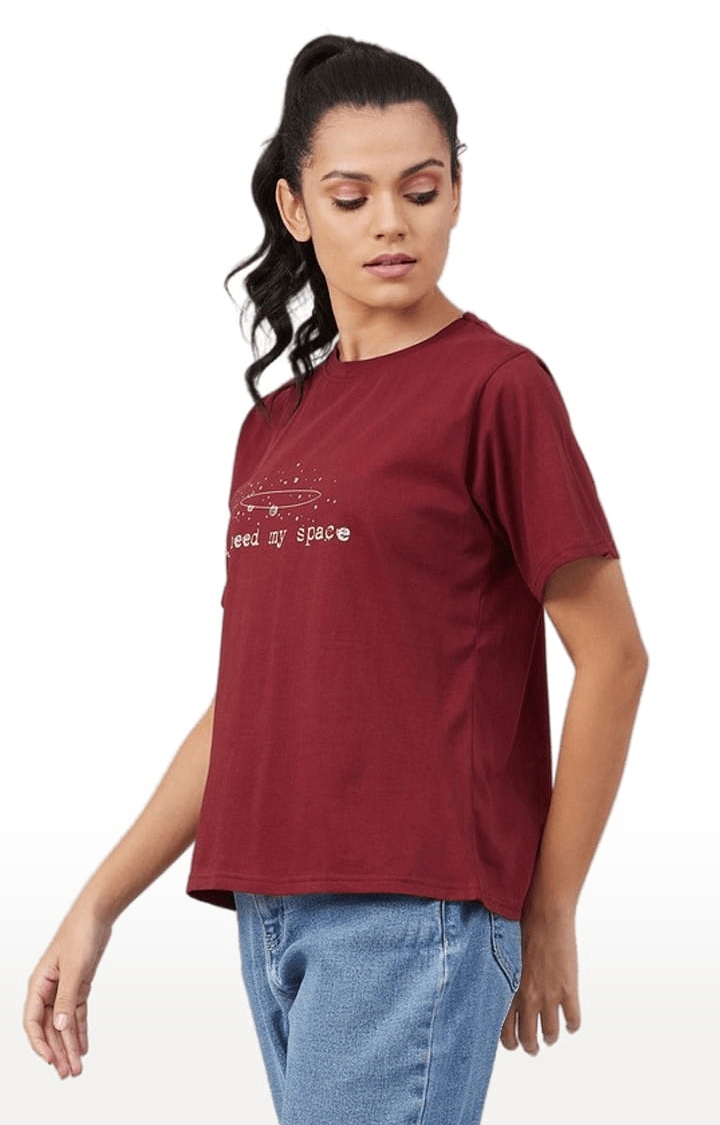 CHIMPAAANZEE | Women's Maroon Cotton Printed  Regular T-Shirt 3