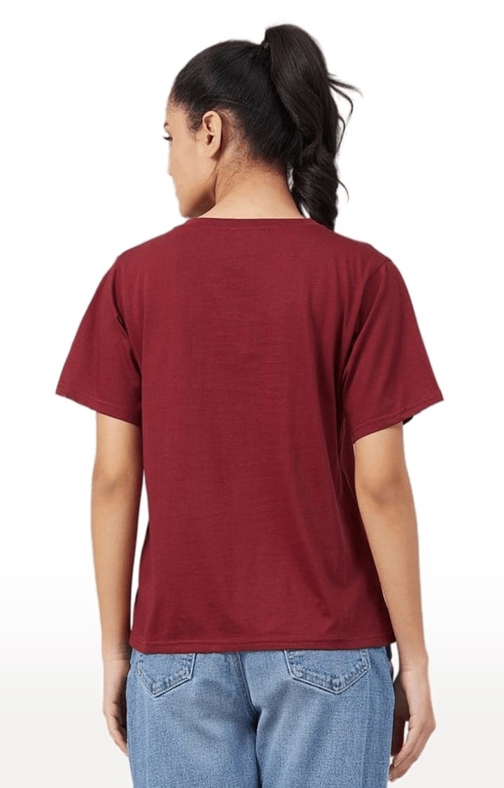 Women's Maroon Cotton Printed  Regular T-Shirt