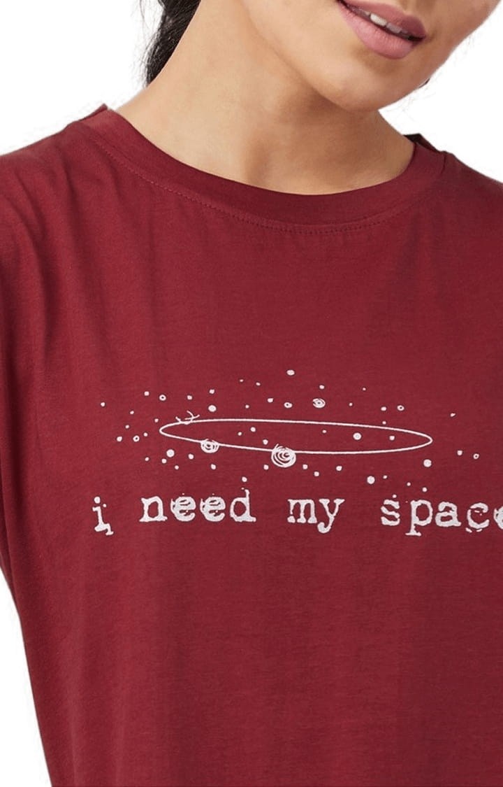 Women's Maroon Cotton Printed  Regular T-Shirt