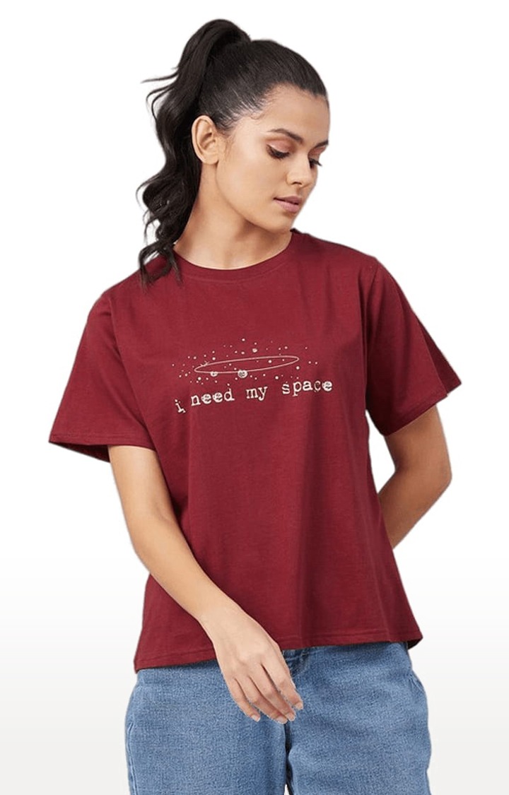 CHIMPAAANZEE | Women's Maroon Cotton Printed  Regular T-Shirt