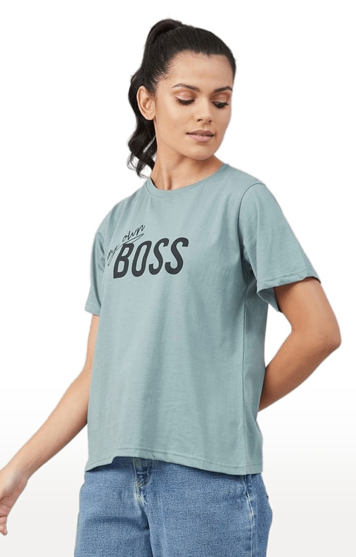 CHIMPAAANZEE | Women's Dusty Green Cotton Typographic  Regular T-Shirt