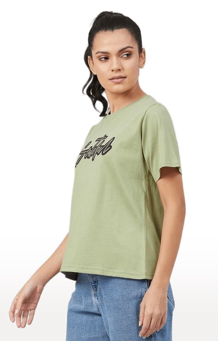 Women's Olive Green Cotton Typographic  Regular T-Shirt