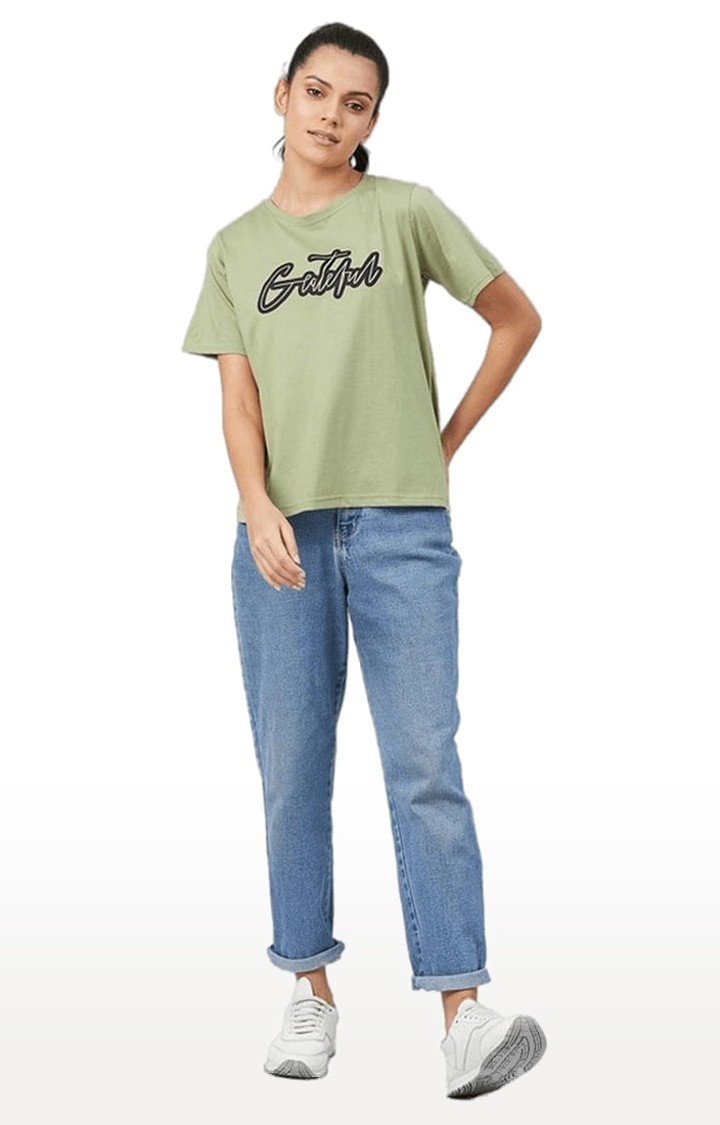 Women's Olive Green Cotton Typographic  Regular T-Shirt