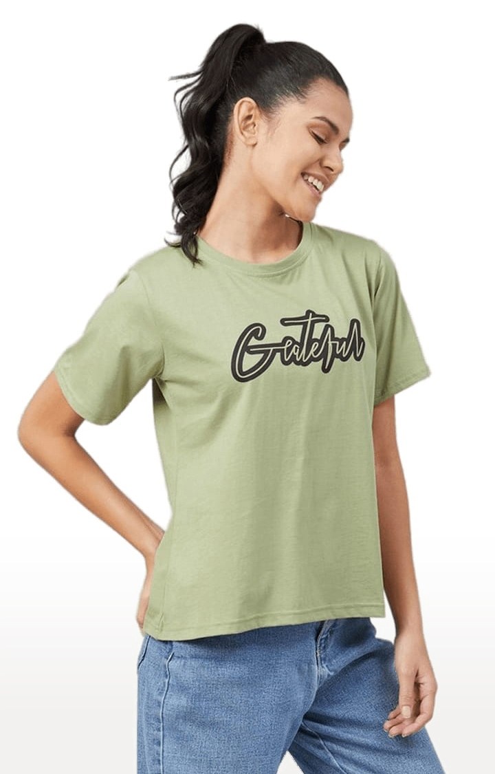 Women's Olive Green Cotton Typographic  Regular T-Shirt