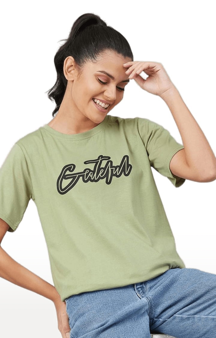 Women's Olive Green Cotton Typographic  Regular T-Shirt