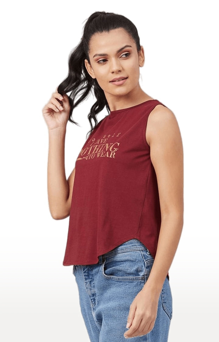 Women's Maroon Cotton Typographic  Regular T-Shirt