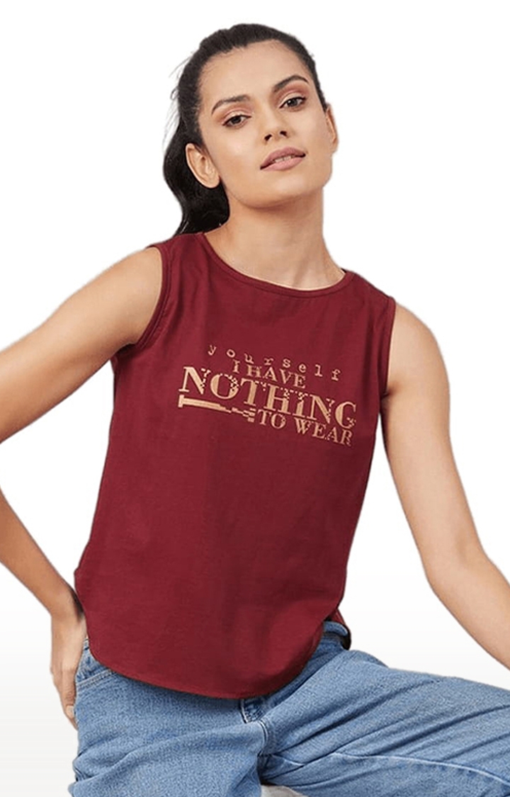 CHIMPAAANZEE | Women's Maroon Cotton Typographic  Regular T-Shirt