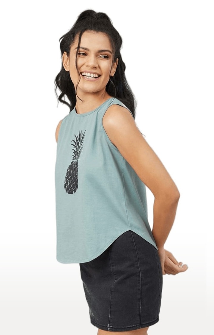 Women's Dusty Green Cotton Printed  Regular T-Shirt