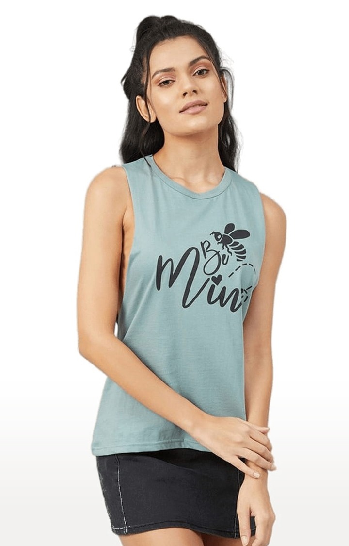 Women's Dusty Green Cotton Typographic Activewear Tank Top