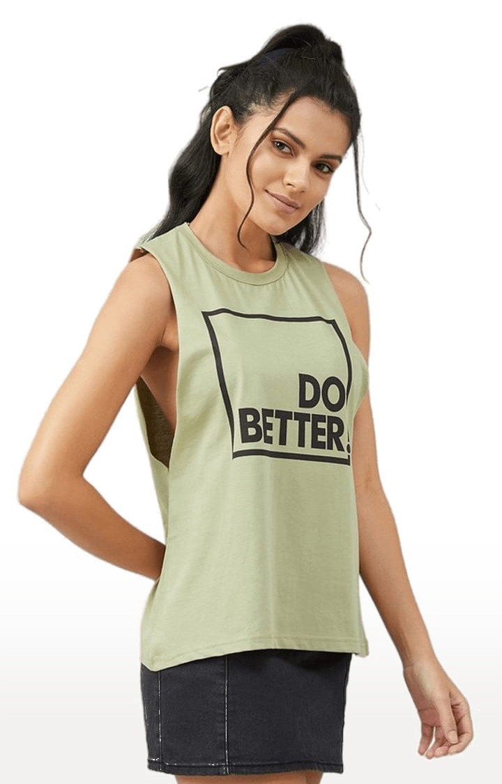 Women's Olive Green Cotton Typographic Activewear Tank Top