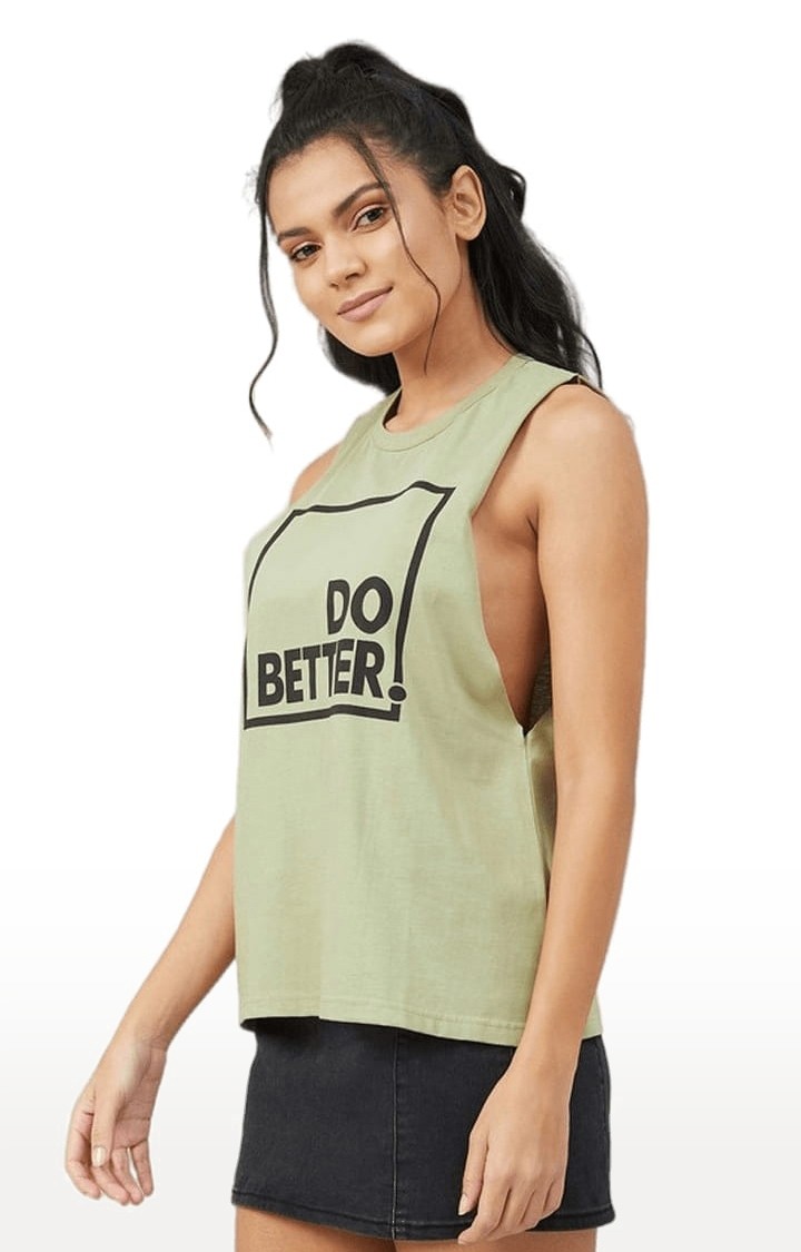 Women's Olive Green Cotton Typographic Activewear Tank Top