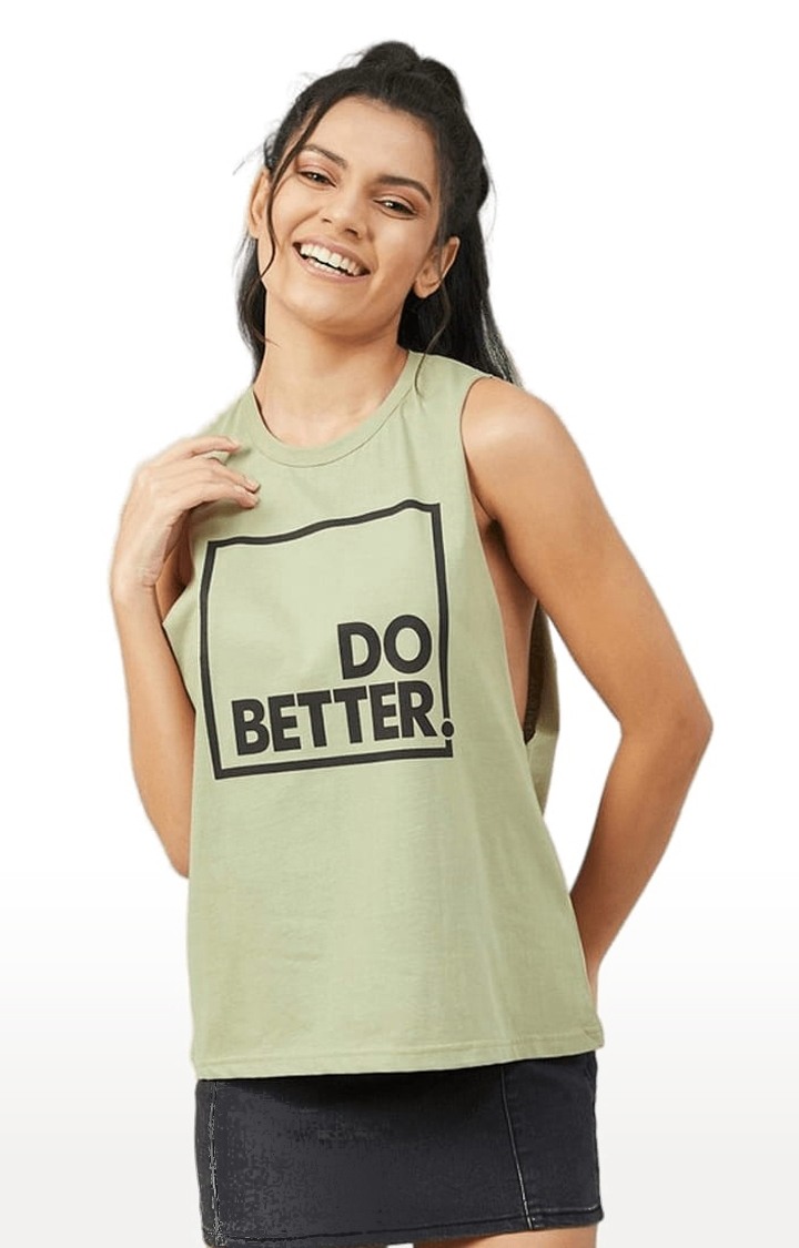 Women's Olive Green Cotton Typographic Activewear Tank Top