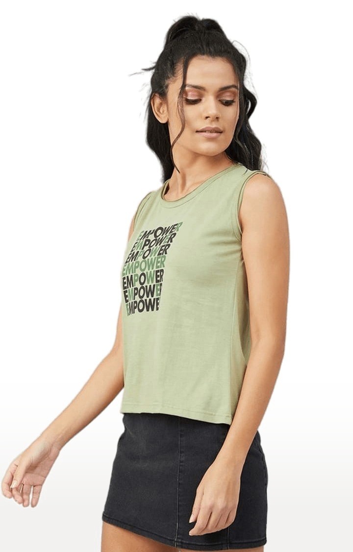 Women's Olive Green Cotton Typographic  Regular T-Shirt