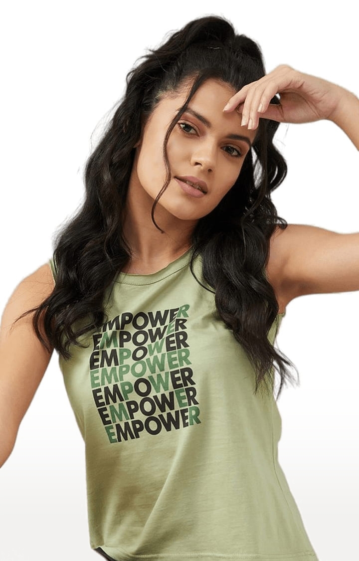 Women's Olive Green Cotton Typographic  Regular T-Shirt