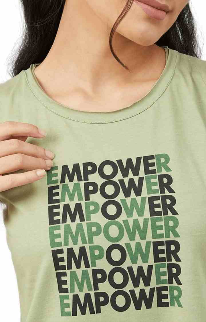 Women's Olive Green Cotton Typographic  Regular T-Shirt