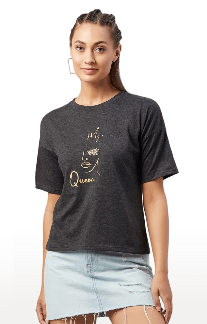 Women's Grey Cotton Printed Boxy T-Shirt