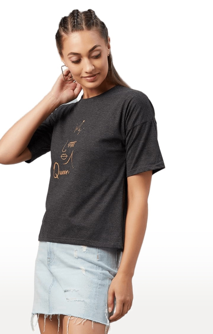 Women's Grey Cotton Printed Boxy T-Shirt