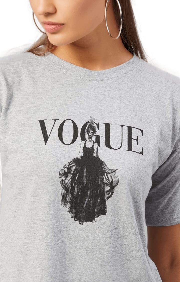 Women's Grey Cotton Printed Boxy T-Shirt