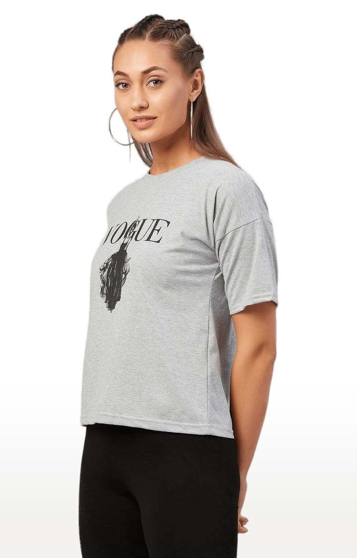 Women's Grey Cotton Printed Boxy T-Shirt