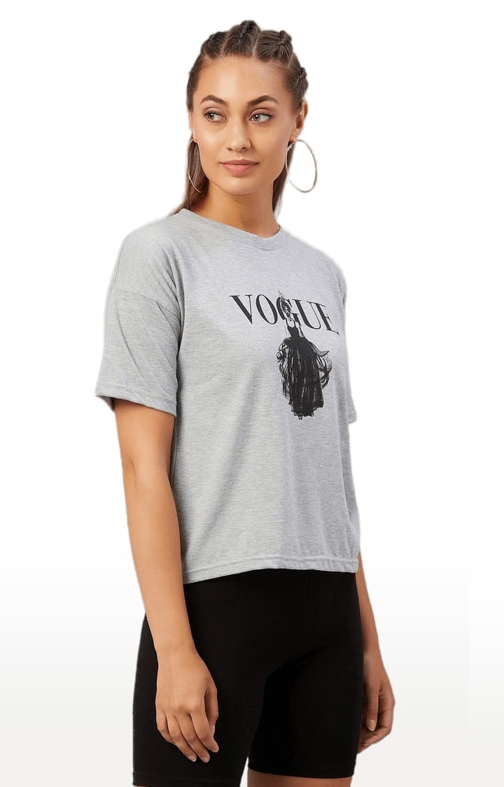 Women's Grey Cotton Printed Boxy T-Shirt