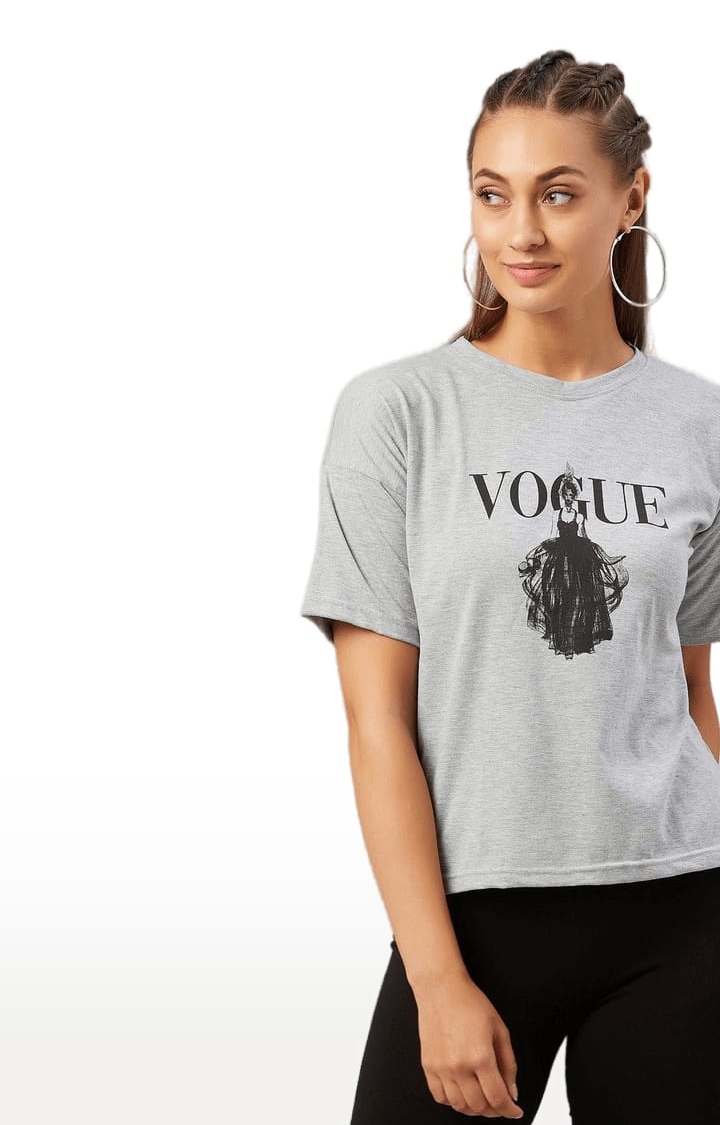 Women's Grey Cotton Printed Boxy T-Shirt