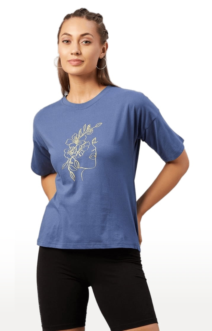 Women's Blue Cotton Printed Boxy T-Shirt