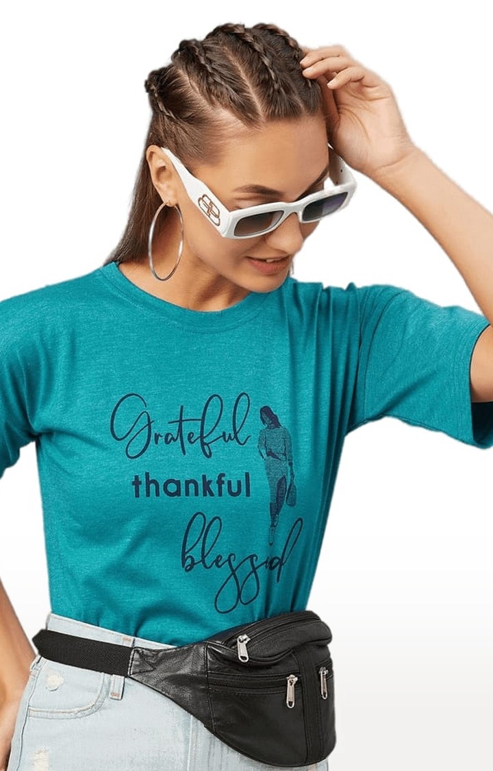Women's Greenish Blue Cotton Typographic Boxy T-Shirt