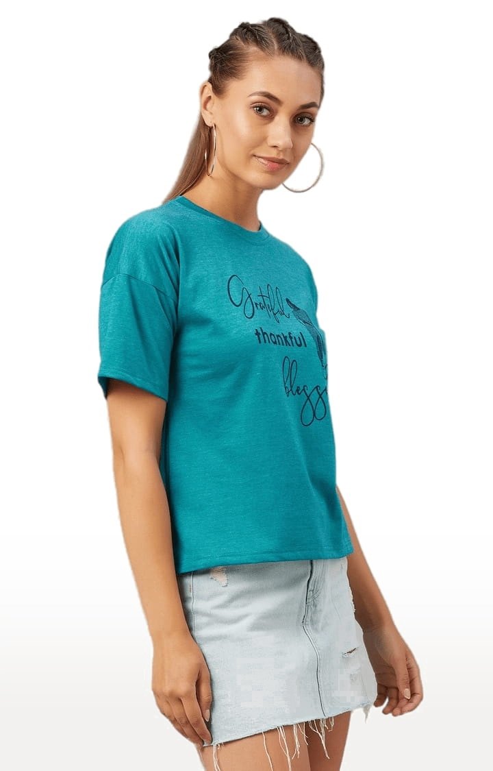 Women's Greenish Blue Cotton Typographic Boxy T-Shirt