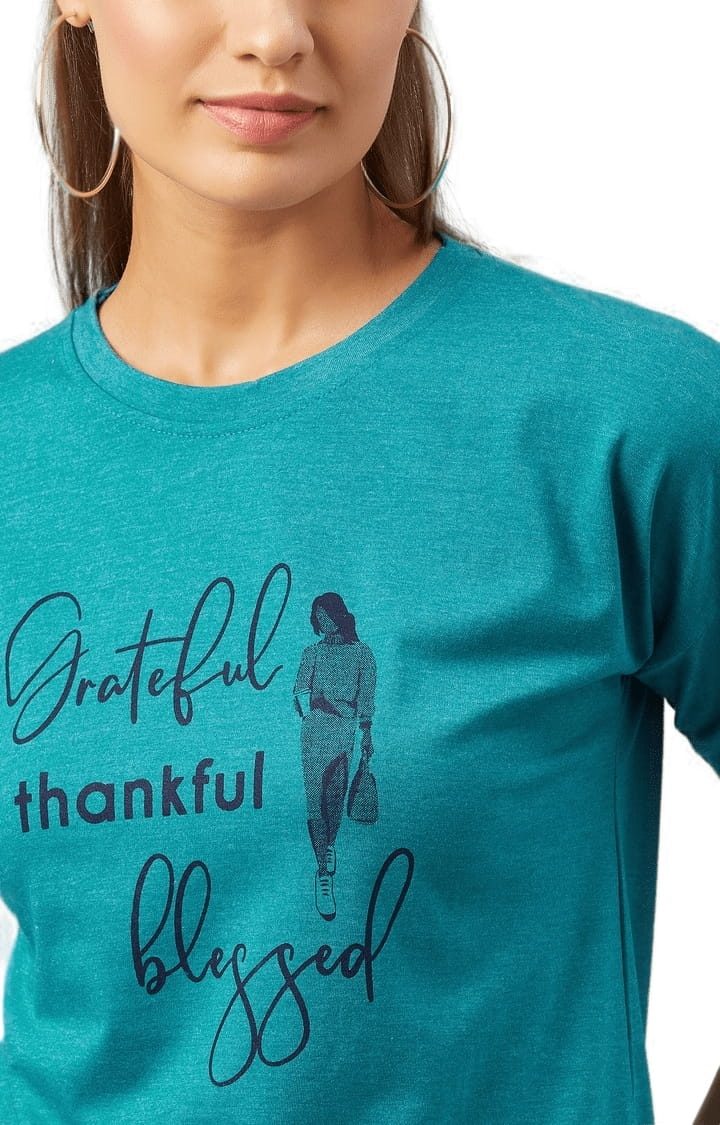Women's Greenish Blue Cotton Typographic Boxy T-Shirt