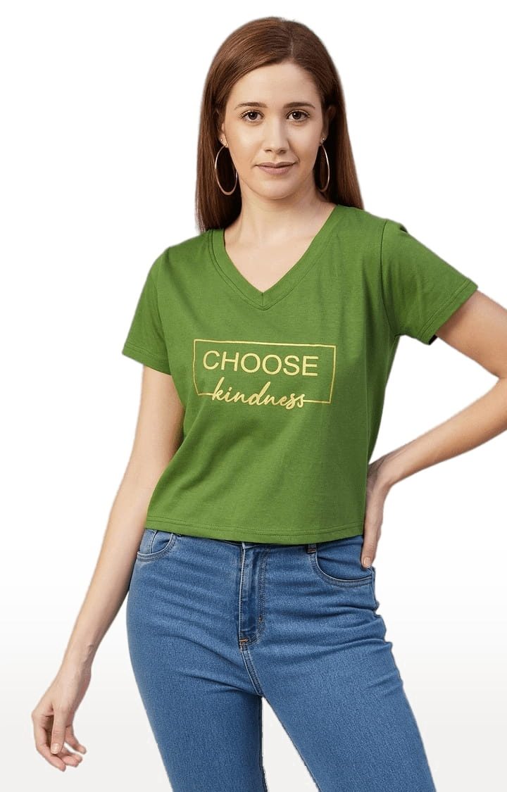 CHIMPAAANZEE | Women's Green Cotton Typographic  Regular T-Shirt