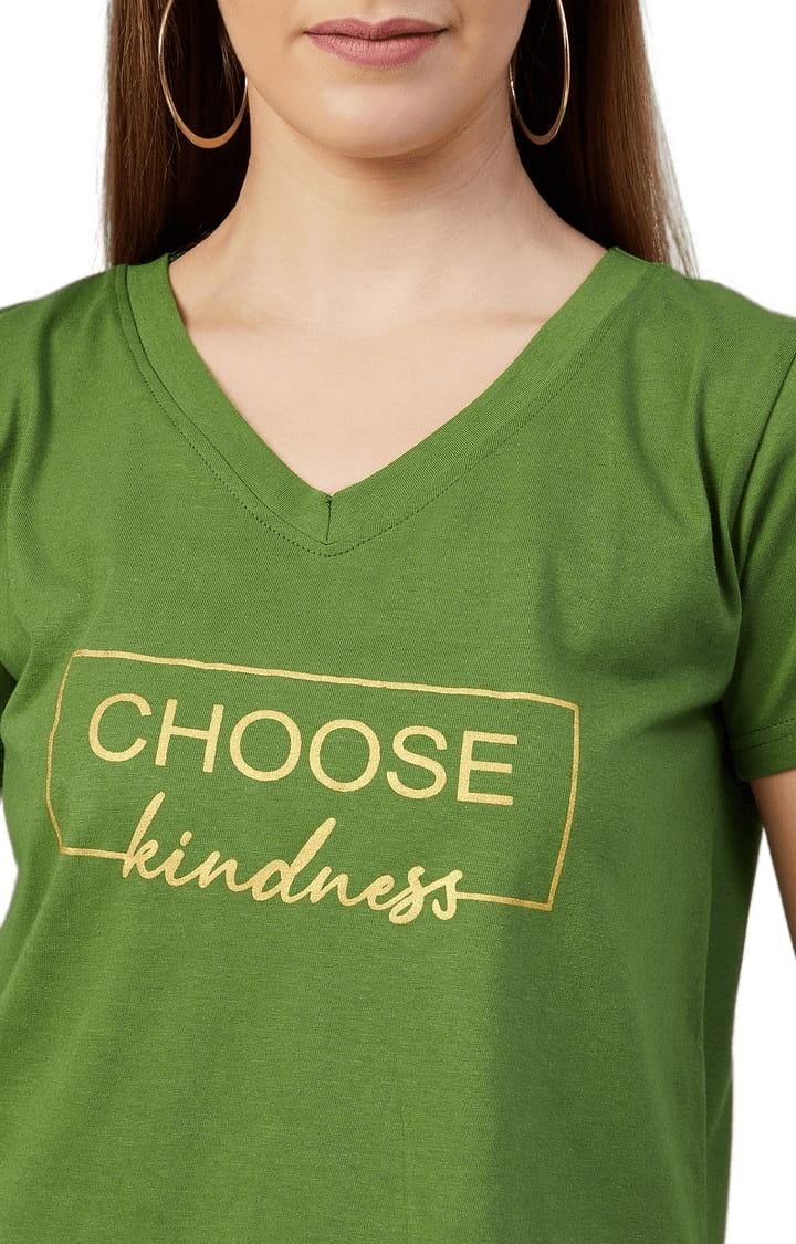 Women's Green Cotton Typographic  Regular T-Shirt