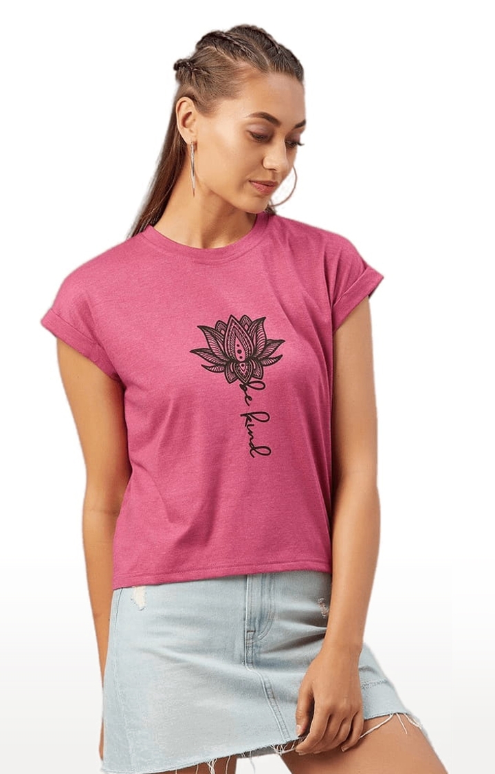 Women's Pink Cotton Printed  Regular T-Shirt