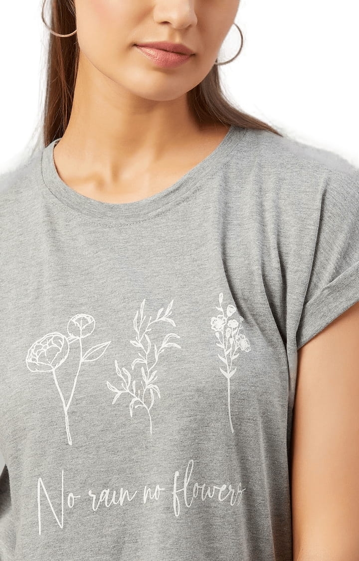 Women's Grey Cotton Printed  Regular T-Shirt