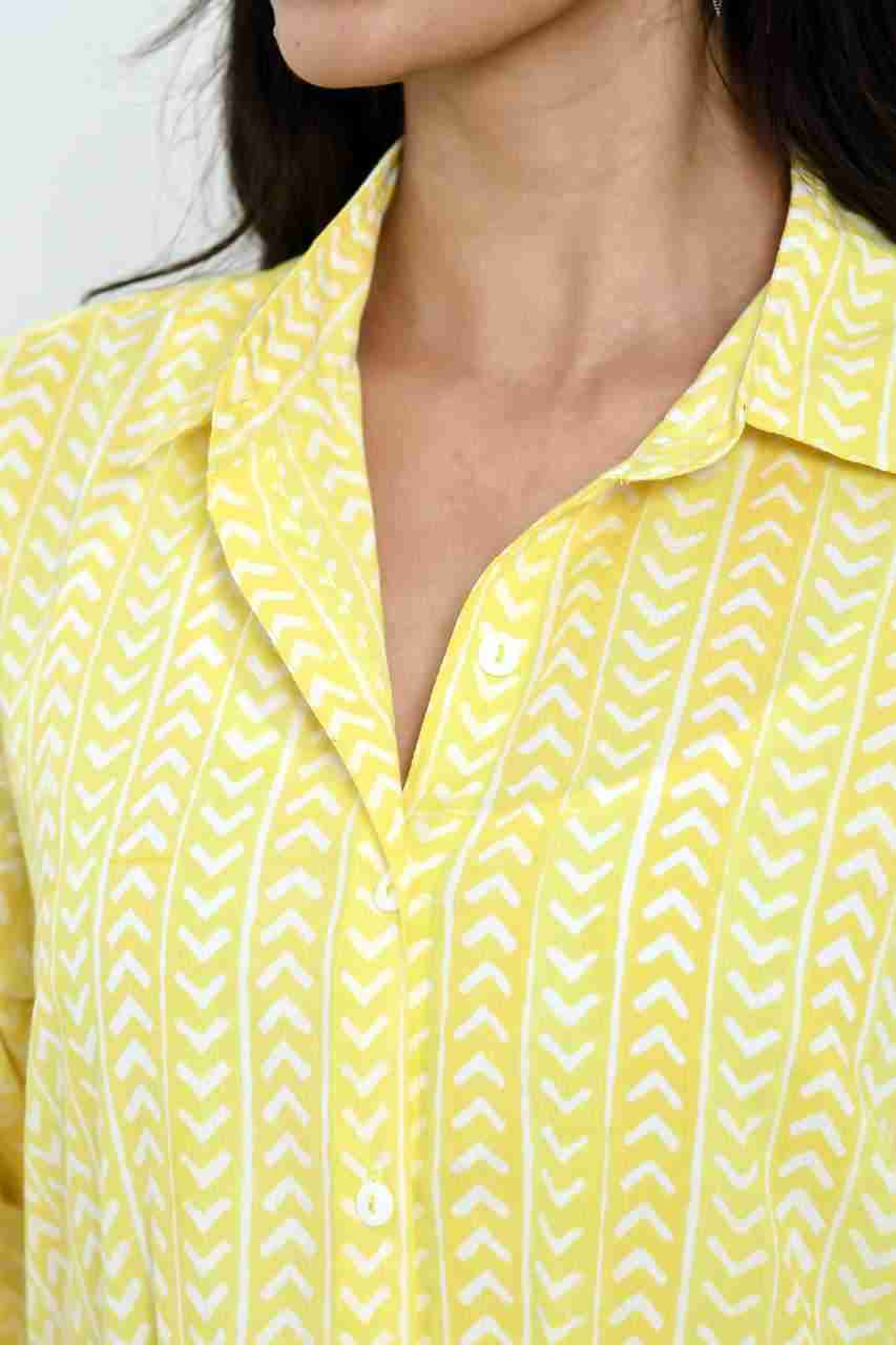 Naksh Yellow Orange Stripe Block Printed Long Shirt Kurta With Pockets