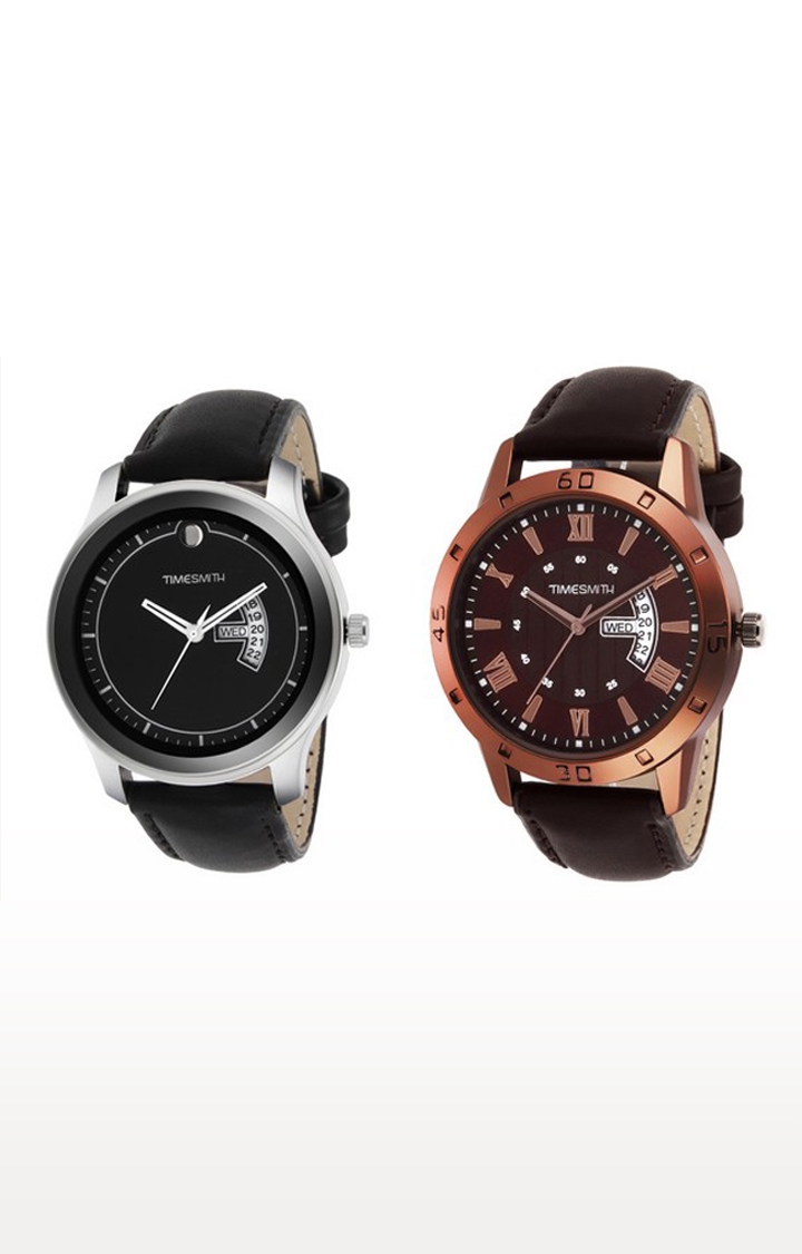 Timesmith | Timesmith Black and Brown Analog Watch - Set of 2 For Men 0