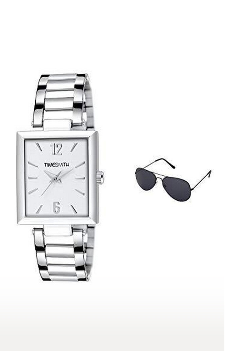 Timesmith | Timesmith Silver Stainless Steel White Dial Watch with Free Sunglasses TSC-135-wmg-002 For Men 0