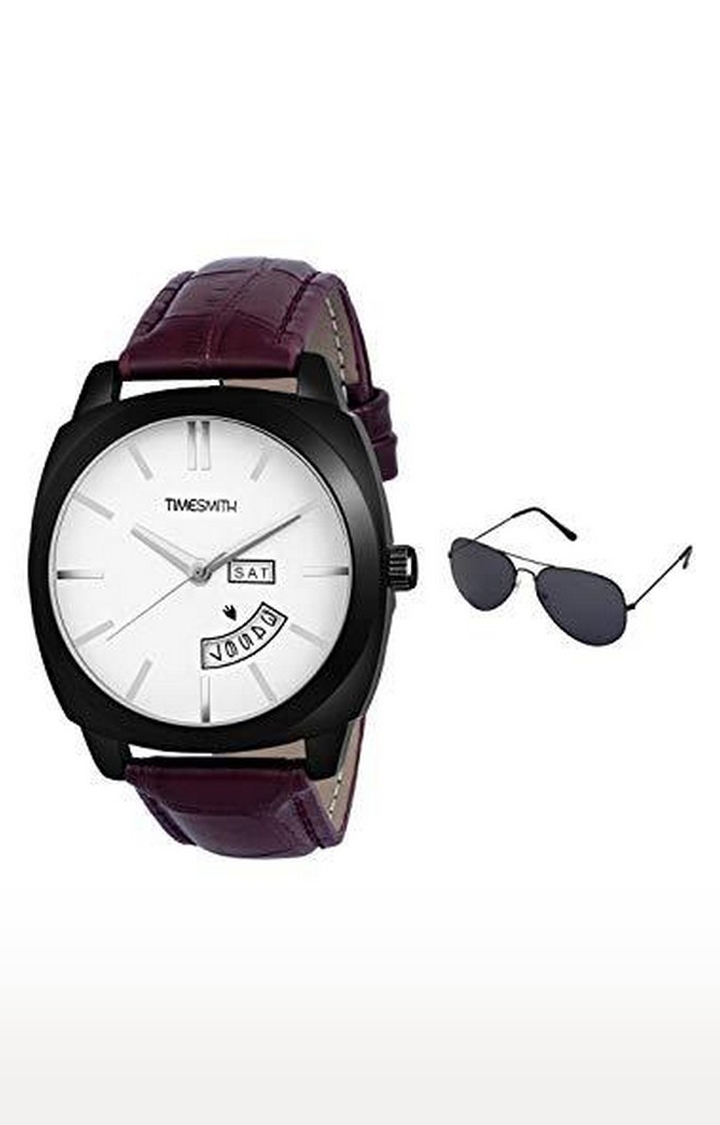 Timesmith | Timesmith Day Date Brown Leather White Dial Watch with Free Sunglasses TSC-140-wmg-002 For Men 0