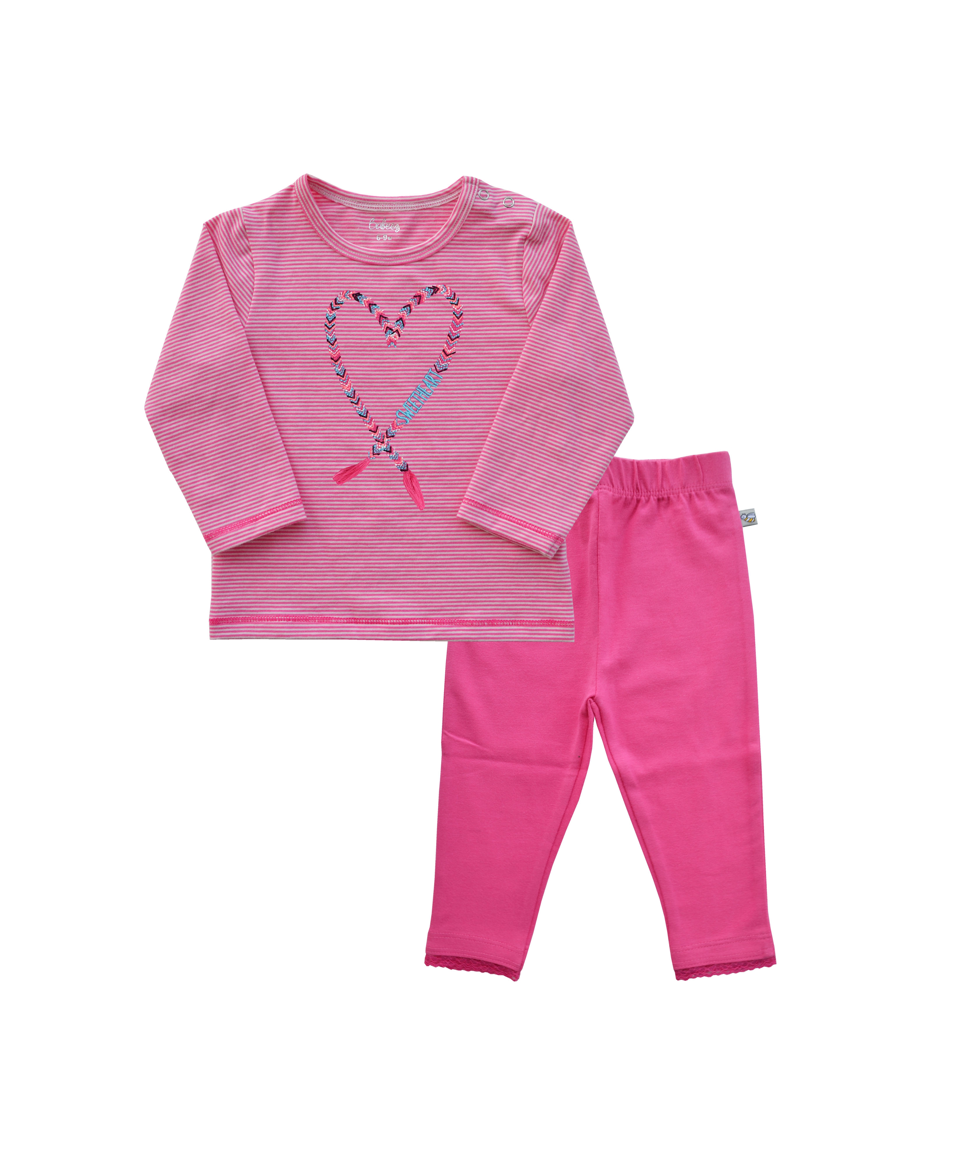 Heart Embroidery on Pink Stripes Long sleeve Top and Fushia Solid Leggings (95% Cotton 5%Elasthan Jersey)